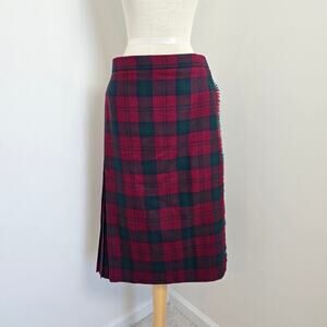 Woolmark Vintage Red GreenTartan Plaid Wool back Pleated Wrap Midi Skirt Sz P